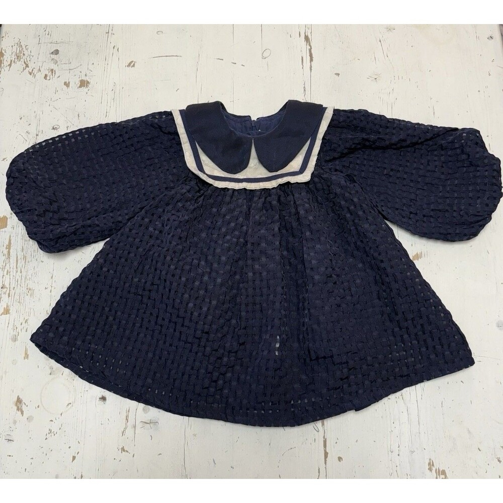 Vintage Girls 18-24M Nautical Sailor Collar Bib A-Line Dress Navy White